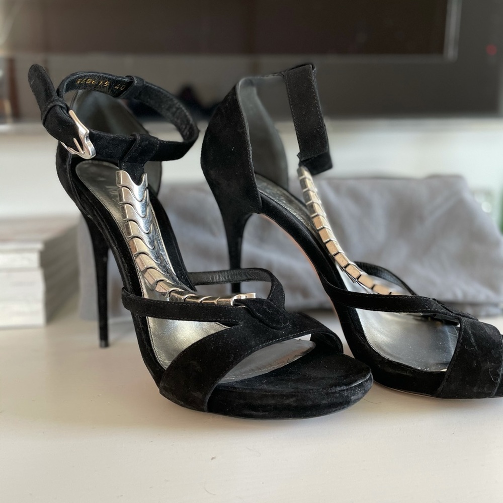 AMQ Black t-strap heels with silver snake chain